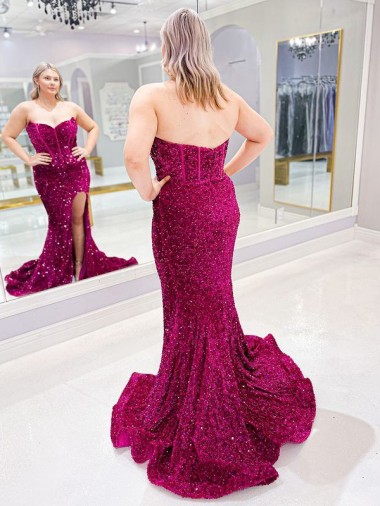 Long Sweetheart Sleeveless Sweep Train Velvet Sequin Prom Dress with Slit Canada