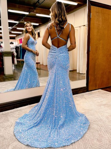 Criss Cross Open Back V-Neck Sleeveless Long Velvet Sequin Prom Dress Canada