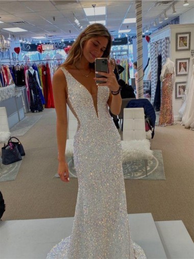 Shop V-Neck Sleeveless Long Velvet Sequin Prom Dress with Sweep Train Canada