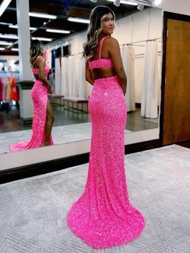 Long V-Neck Sleeveless Sweep Train Velvet Sequin Prom Dress with High Slit Canada
