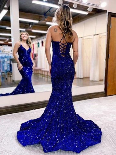 Mermaid V-Neck Sleeveless Long Court Train Velvet Sequin Prom Dress Canada