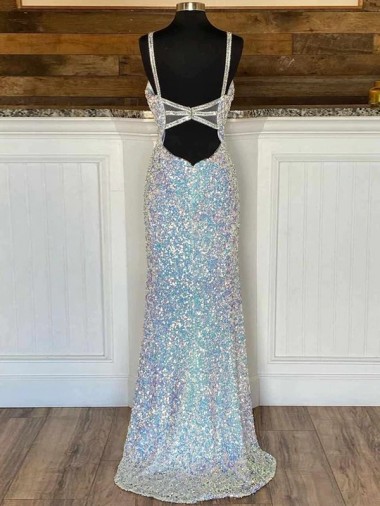 V-Neck Sleeveless Long Sweep Train Velvet Sequin Prom Dress Canada