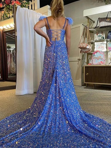 A-Line V-Neck Sleeveless Long Court Train Velvet Sequin Prom Dress with High Slit Canada