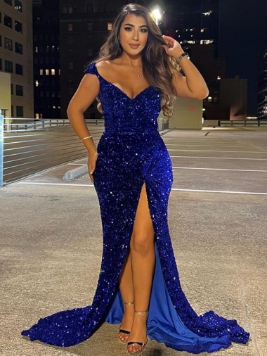 Shop V-Neck Sleeveless Long Sweep Train Velvet Sequin Prom Dress with Slit Canada