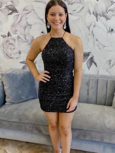 Shop Halter Sleeveless Short Velvet Sequin Homecoming Dress / Prom Dress Canada