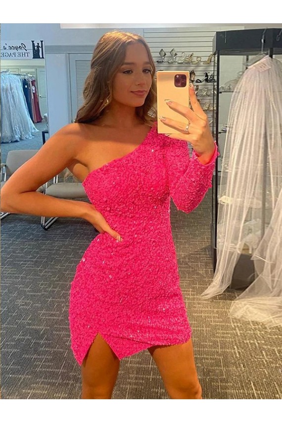 Short Velvet Sequin One Shoulder Long Sleeves Homecoming Dress / Prom Dress