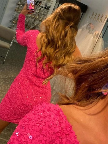 Short Velvet Sequin One Shoulder Long Sleeves Homecoming Dress / Prom Dress Canada