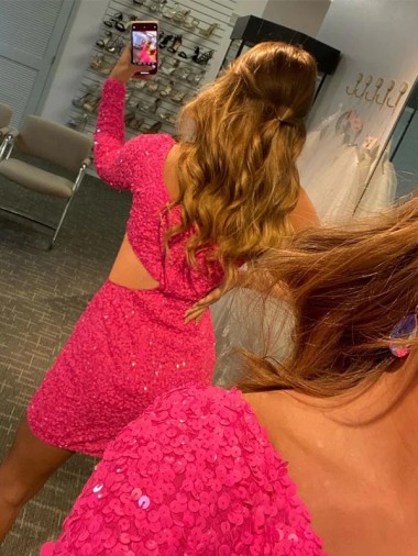 One Shoulder Long Sleeves Short Velvet Sequin Homecoming Dress / Prom Dress Canada