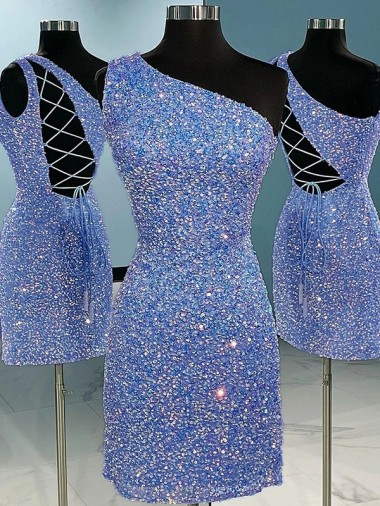 Shop Short Velvet Sequin One Shoulder Sleeveless Homecoming Dress / Prom Dress Canada