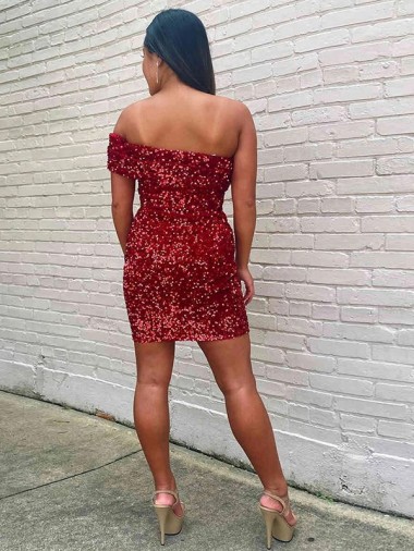 Short One Shoulder Sleeveless Velvet Sequin Cocktail Homecoming Dress / Prom Dress Canada