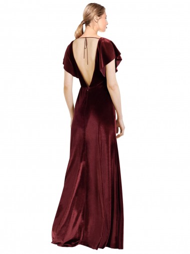 Flutter Sleeves Open Back Long Velvet Bridesmaid Dress / Prom Dress Canada