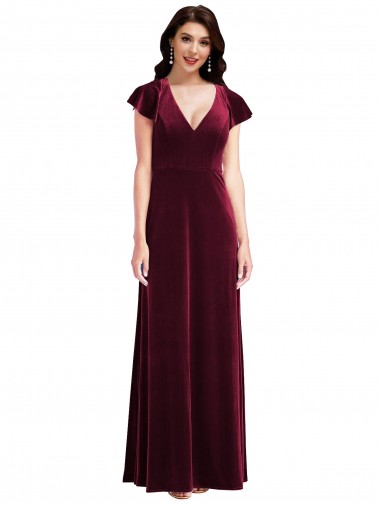 Flutter Sleeve Velvet Maxi Bridesmaid Dress / Prom Dress with Pockets Canada