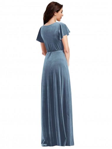Flutter Sleeve Velvet Wrap Maxi Bridesmaid Dress / Prom Dress with Pockets Canada