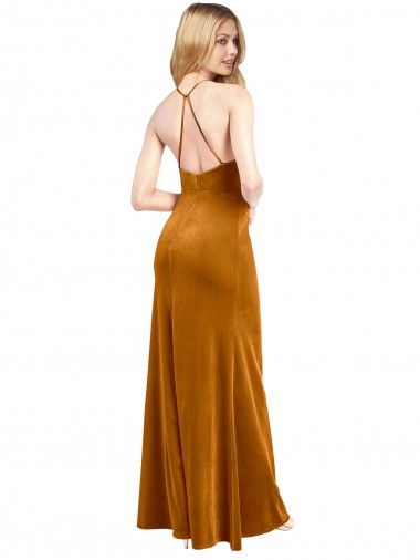 Halter Neckline Long Full Length Formal Velvet Bridesmaid Dress / Prom Dress with Strappy Back Canada