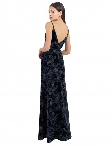 Floral Velvet Surplice V-Neck Long Bridesmaid Dress with V-Back Canada