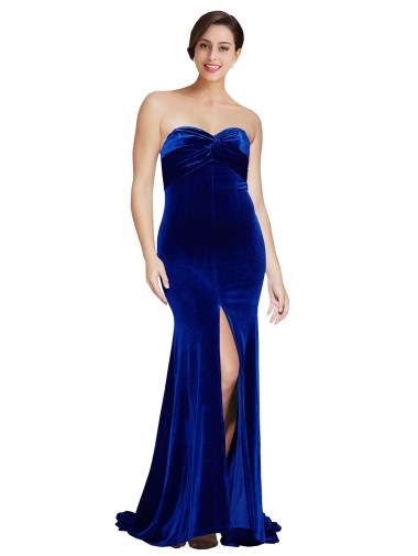 Shop Strapless Ruched Formal Velvet Bridesmaid Dress / Prom Dress with Sweep Train and Front Slit Canada